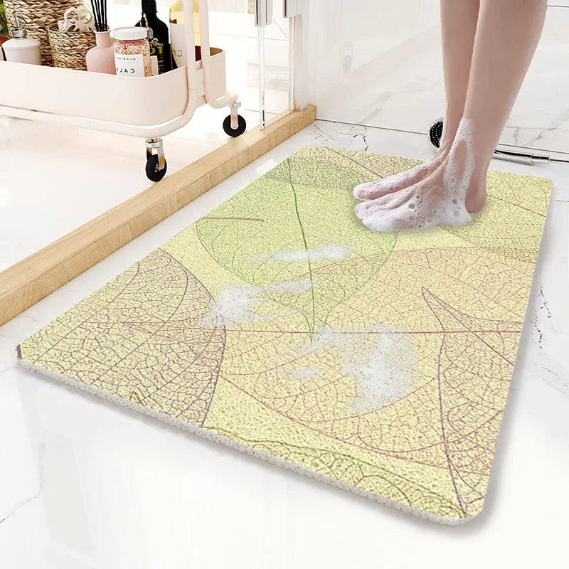 Yellow Leaves Pattern PVC Non-Slip Bath Mat 45x75cm - Shower Drain Hole Design, Soft & Quick-Dry Bathroom Rug - Mekamart Australia