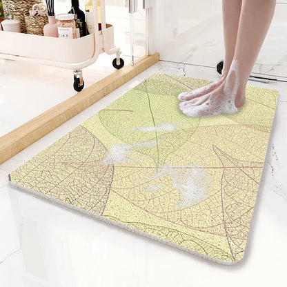 Yellow Leaves Pattern PVC Non-Slip Bath Mat 45x75cm - Shower Drain Hole Design, Soft & Quick-Dry Bathroom Rug - Mekamart Australia