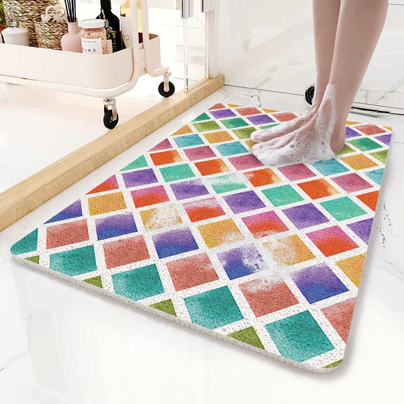 Colorful Diamond Pattern PVC Non-Slip Bath Mat 45x75cm - Shower Drain Hole Design, Soft & Quick-Dry Bathroom Rug - Mekamart Australia