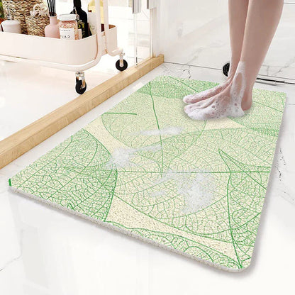 Green Leaves Pattern PVC Non-Slip Bath Mat 50x80cm - Shower Drain Hole Design, Soft & Quick-Dry Bathroom Rug - Mekamart Australia
