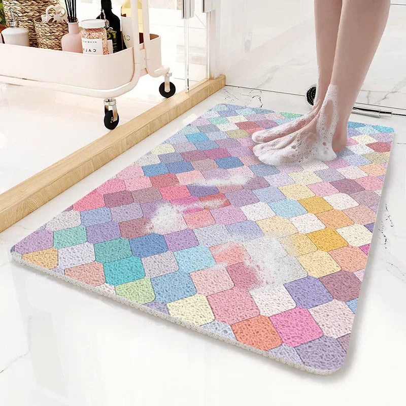 Colorful Scale Pattern PVC Non-Slip Bath Mat 50x80cm - Shower Drain Hole Design, Soft & Quick-Dry Bathroom Rug - Mekamart Australia