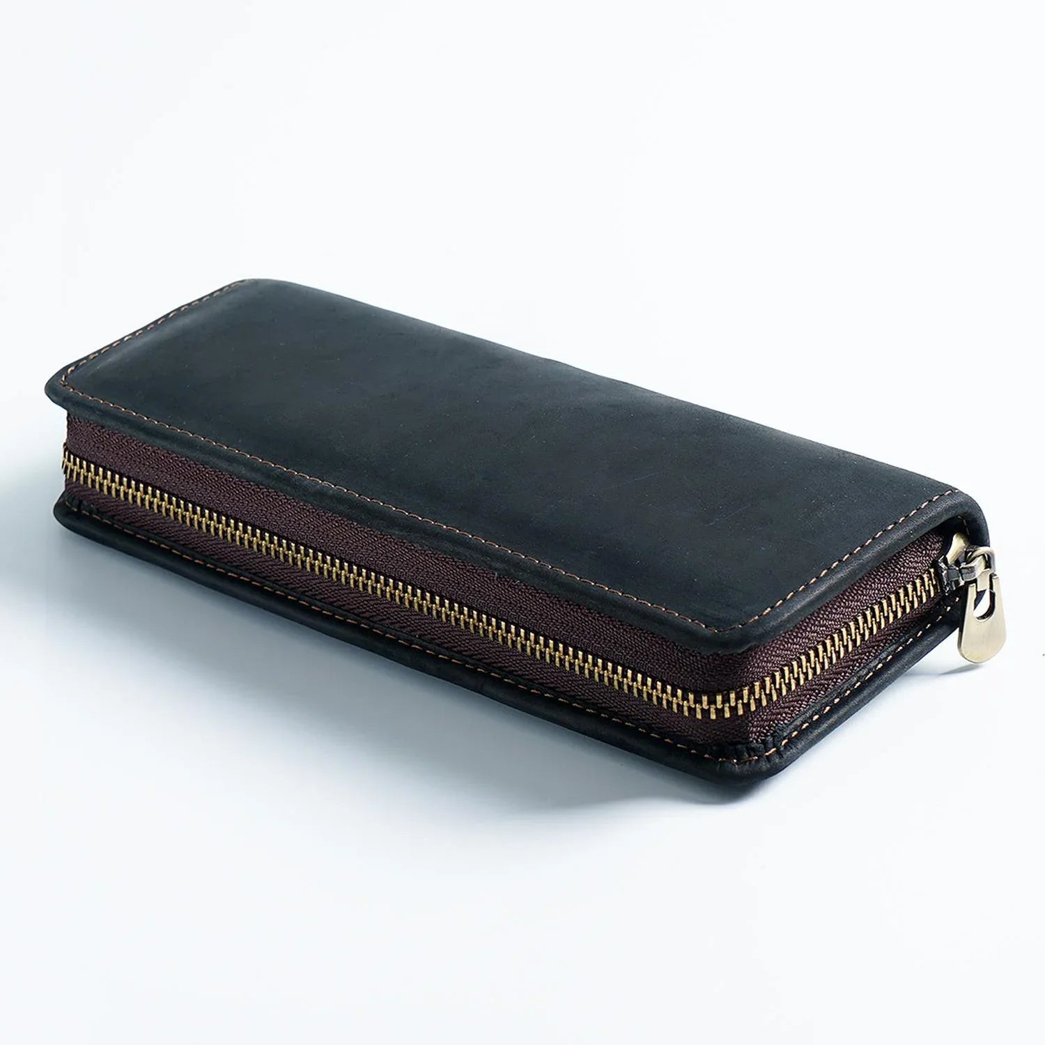 Black Genuine Leather Pencil Case - Vintage Zip-Up Pen Holder with Elastic Loops - Mekamart Australia
