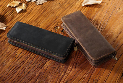 Black Genuine Leather Pencil Case - Vintage Zip-Up Pen Holder with Elastic Loops - Mekamart Australia