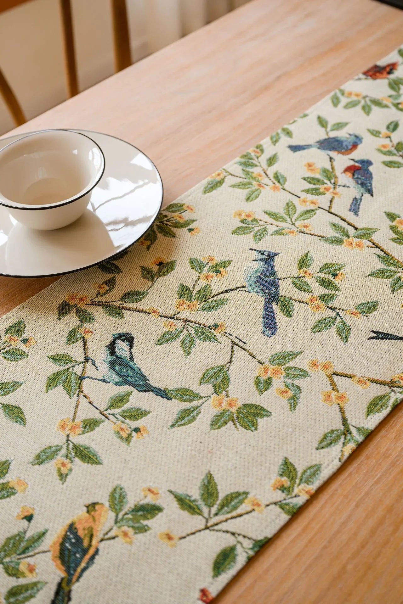 Birds & Branch Table Runner - Jacquard Woven Beige with Tassels(33X200CM) - Mekamart Australia