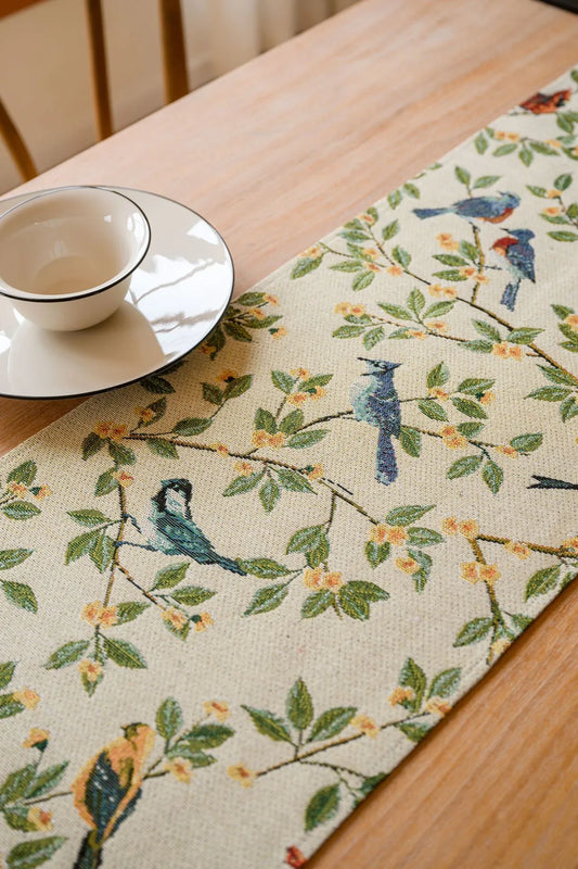 Birds & Branch Table Runner - Jacquard Woven Beige with Tassels(33X200CM) - Mekamart Australia