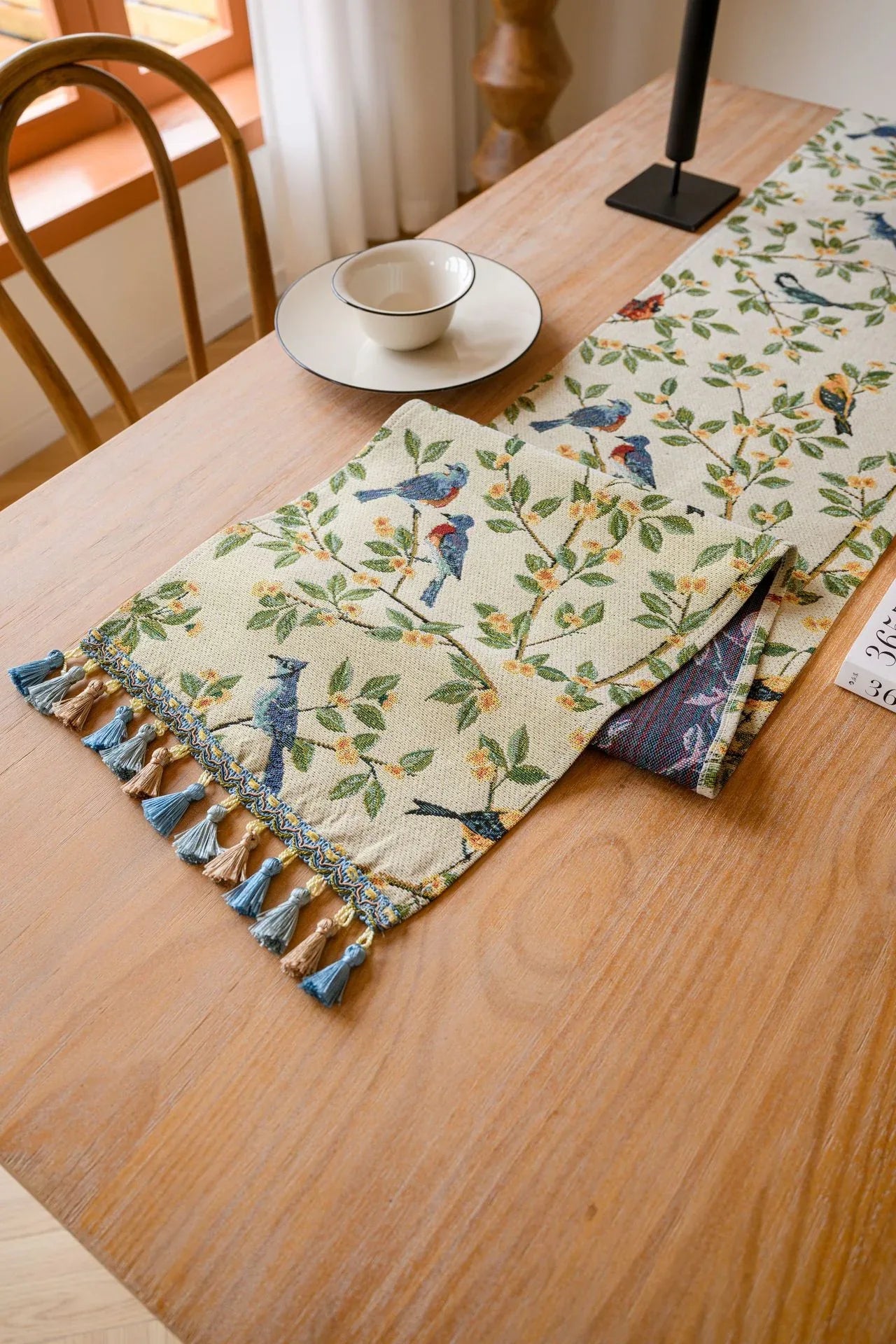 Birds & Branch Table Runner - Jacquard Woven Beige with Tassels(33X200CM) - Mekamart Australia