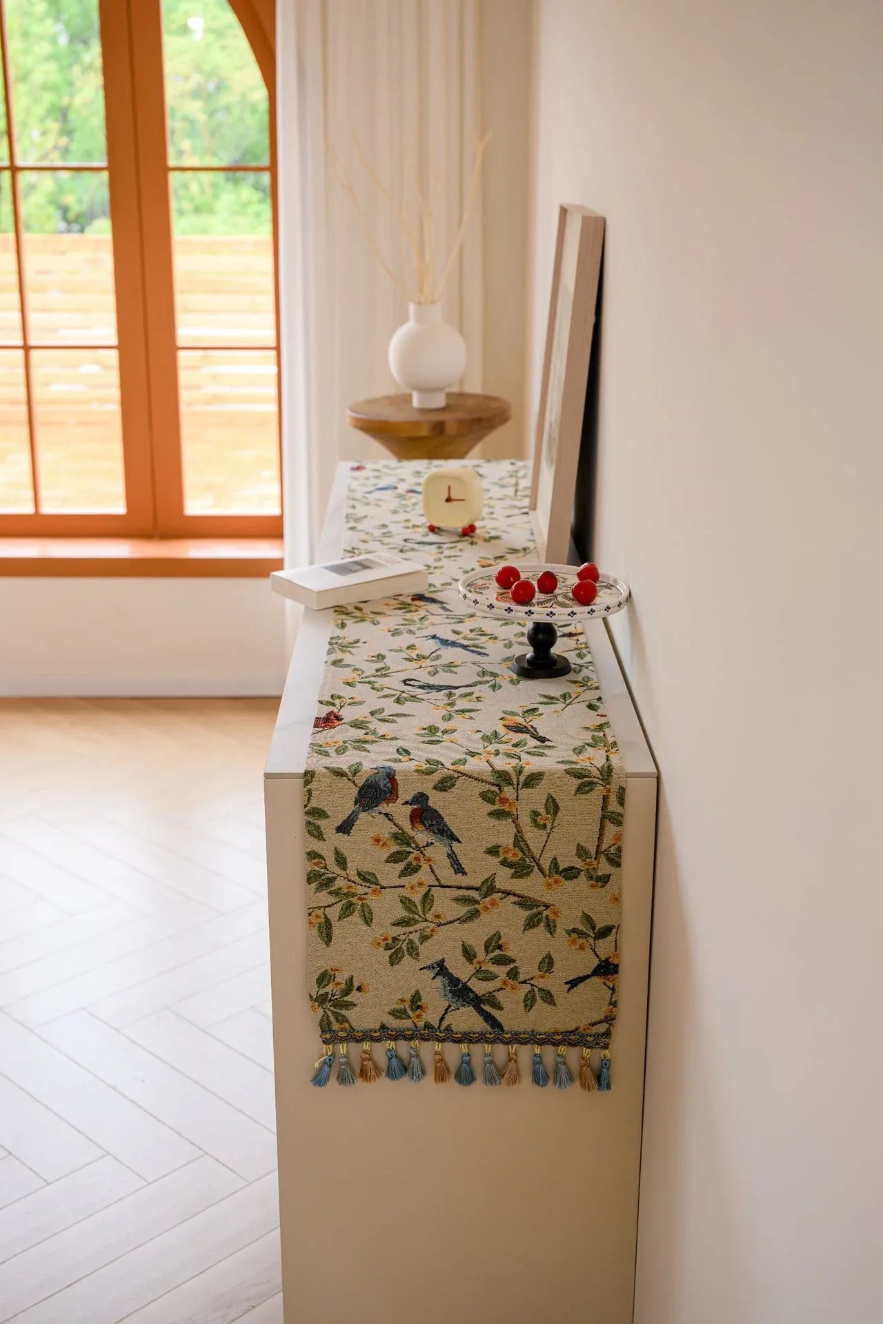 Birds & Branch Table Runner - Jacquard Woven Beige with Tassels(33X200CM) - Mekamart Australia