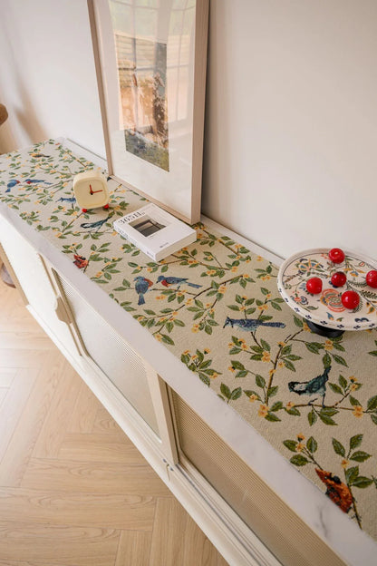 Birds & Branch Table Runner - Jacquard Woven Beige with Tassels(33X200CM) - Mekamart Australia