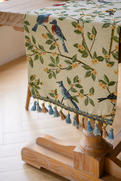 Birds & Branch Table Runner - Jacquard Woven Beige with Tassels(33X200CM) - Mekamart Australia