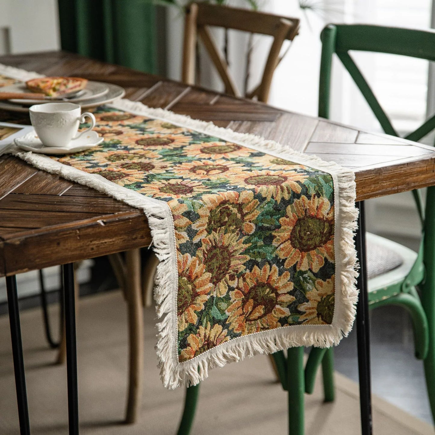 2 PCS Sunflower Table Runner with Fringe - Jacquard Woven Cotton Blend (30x120cm) - Mekamart Australia