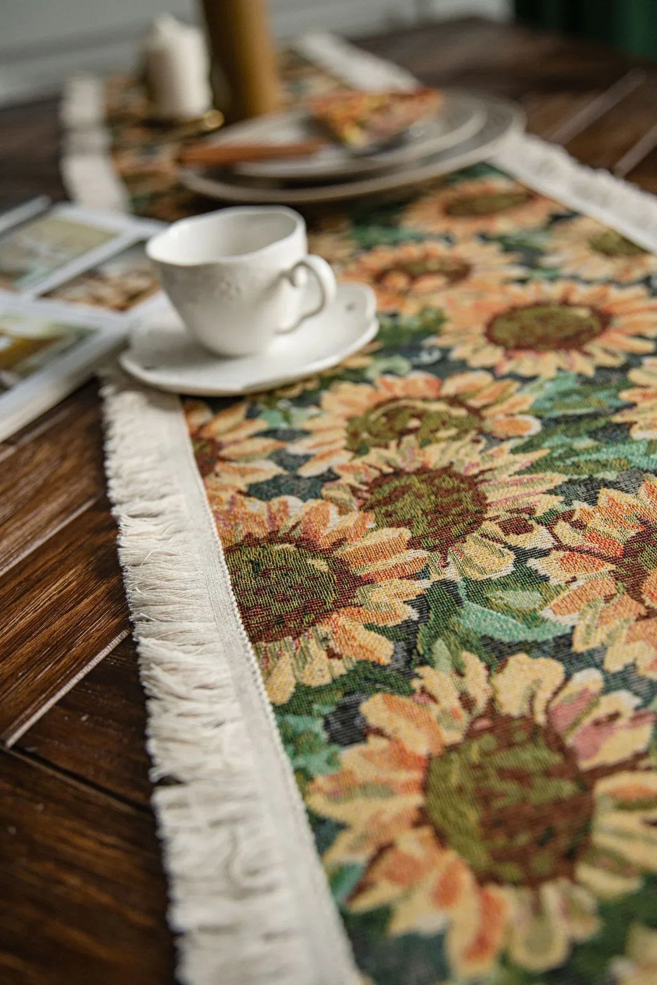 2 PCS Sunflower Table Runner with Fringe - Jacquard Woven Cotton Blend (30x120cm) - Mekamart Australia
