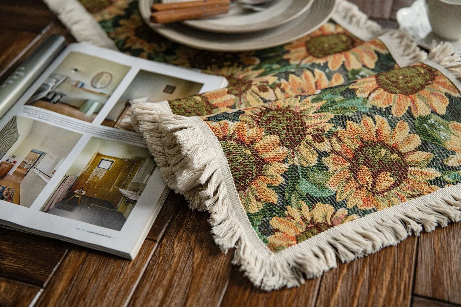 2 PCS Sunflower Table Runner with Fringe - Jacquard Woven Cotton Blend (30x120cm) - Mekamart Australia