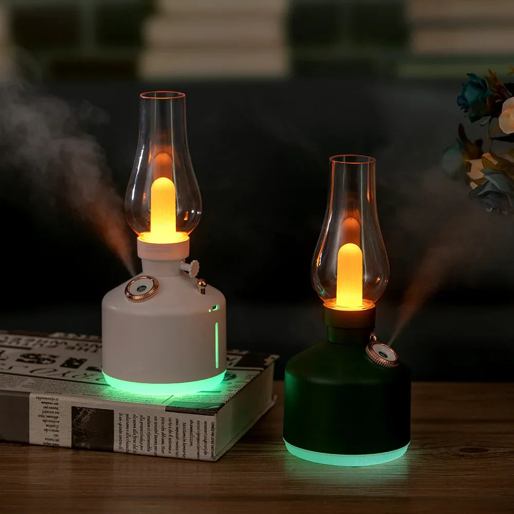 White Retro Kerosene Lamp Humidifier - Rechargeable Cool Mist Maker with Dimmable Light - Mekamart Australia