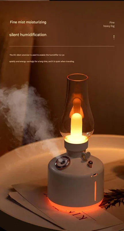 White Retro Kerosene Lamp Humidifier - Rechargeable Cool Mist Maker with Dimmable Light - Mekamart Australia