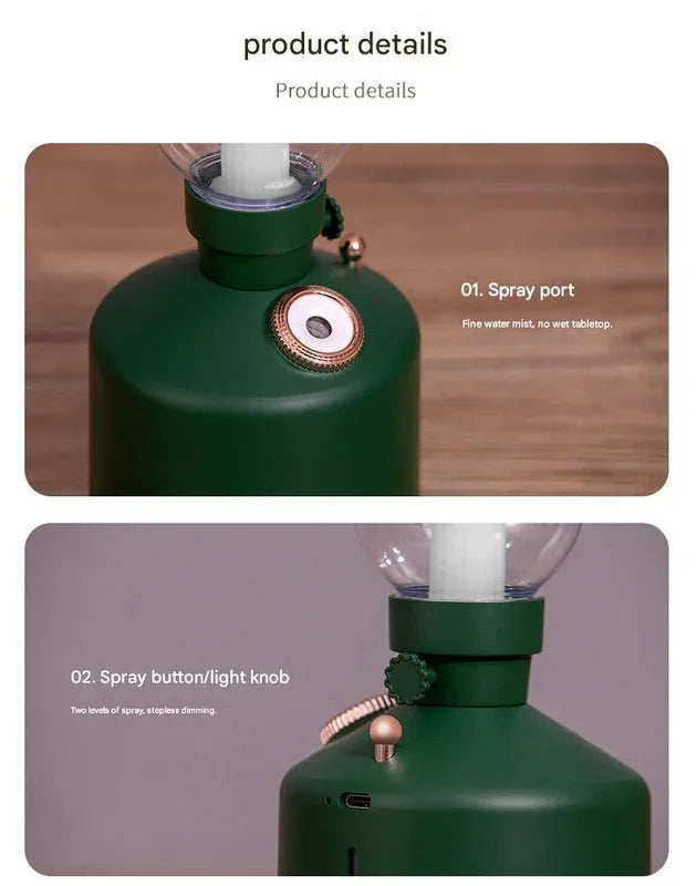 White Retro Kerosene Lamp Humidifier - Rechargeable Cool Mist Maker with Dimmable Light - Mekamart Australia