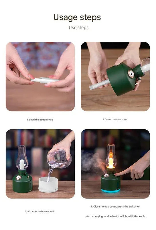 White Retro Kerosene Lamp Humidifier - Rechargeable Cool Mist Maker with Dimmable Light - Mekamart Australia