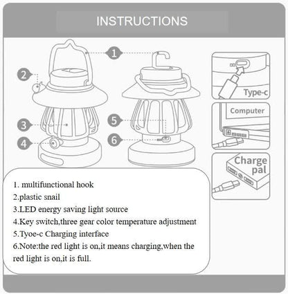 Purple Retro Snail Night Light - Portable Rechargeable Camping Lantern with Hook, 3-Color Dimming - Mekamart Australia