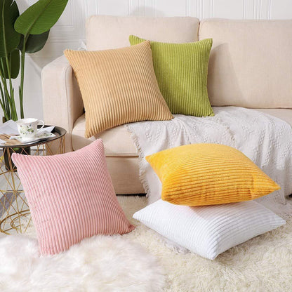 Green Plush Striped Pillow Covers 45x45cm - Set of 4 Corduroy-Style Cushion Covers with Invisible Zipper, Soft and Washable for Sofa Decor - Mekamart Australia
