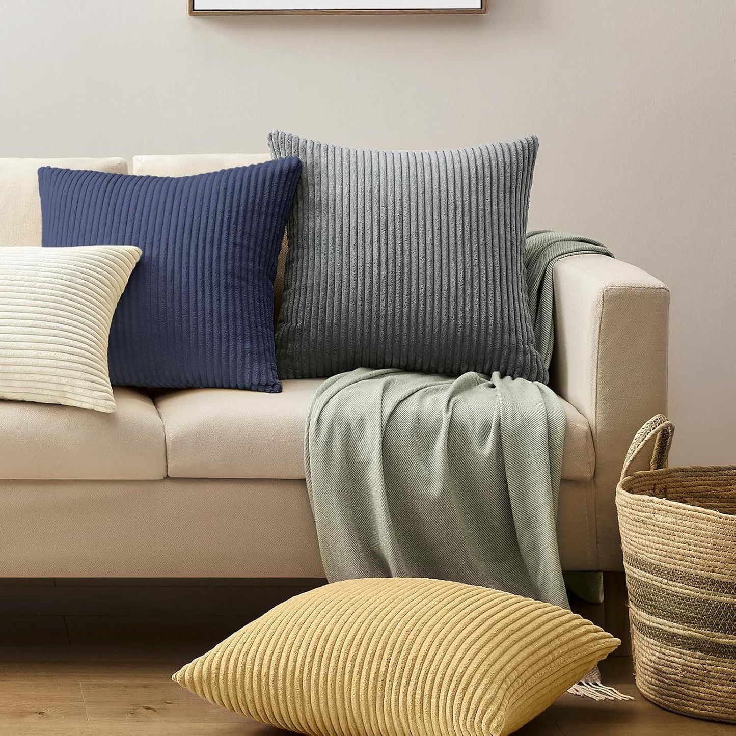 Green Plush Striped Pillow Covers 45x45cm - Set of 4 Corduroy-Style Cushion Covers with Invisible Zipper, Soft and Washable for Sofa Decor - Mekamart Australia