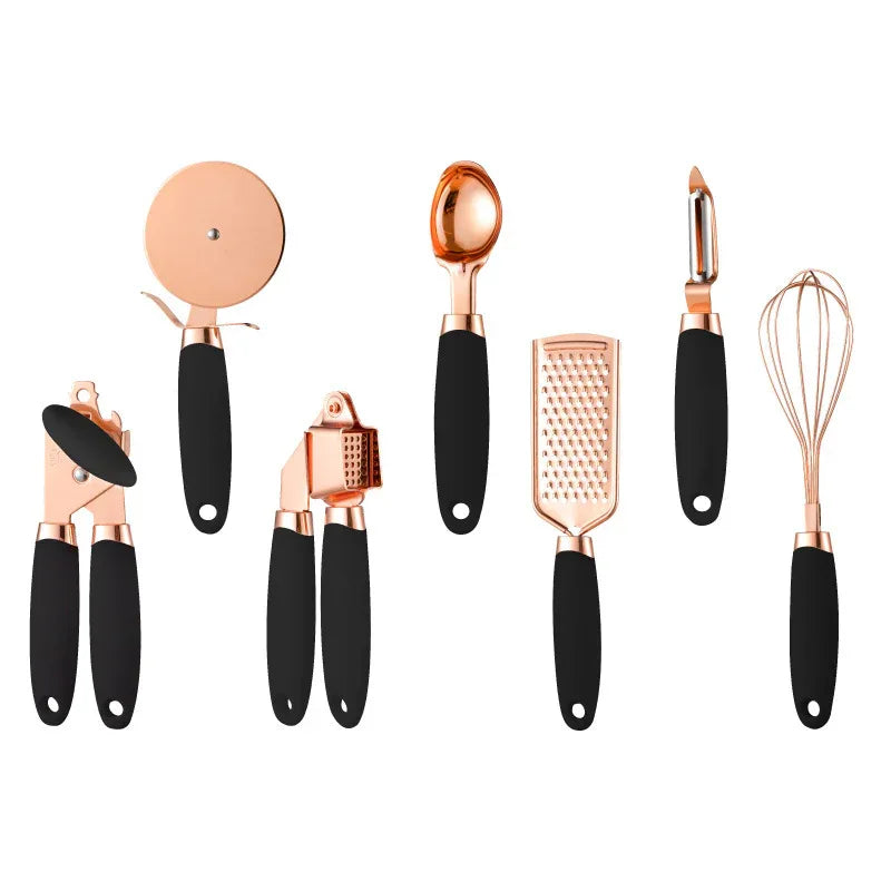 Black And Rose Gold 7-Piece Kitchen Gadget Set - Stainless Steel Utensils with Comfort Grip Handles - Mekamart Australia