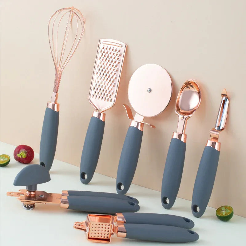 Grey And Rose Gold 7-Piece Kitchen Gadget Set - Stainless Steel Utensils with Comfort Grip Handles - Mekamart Australia