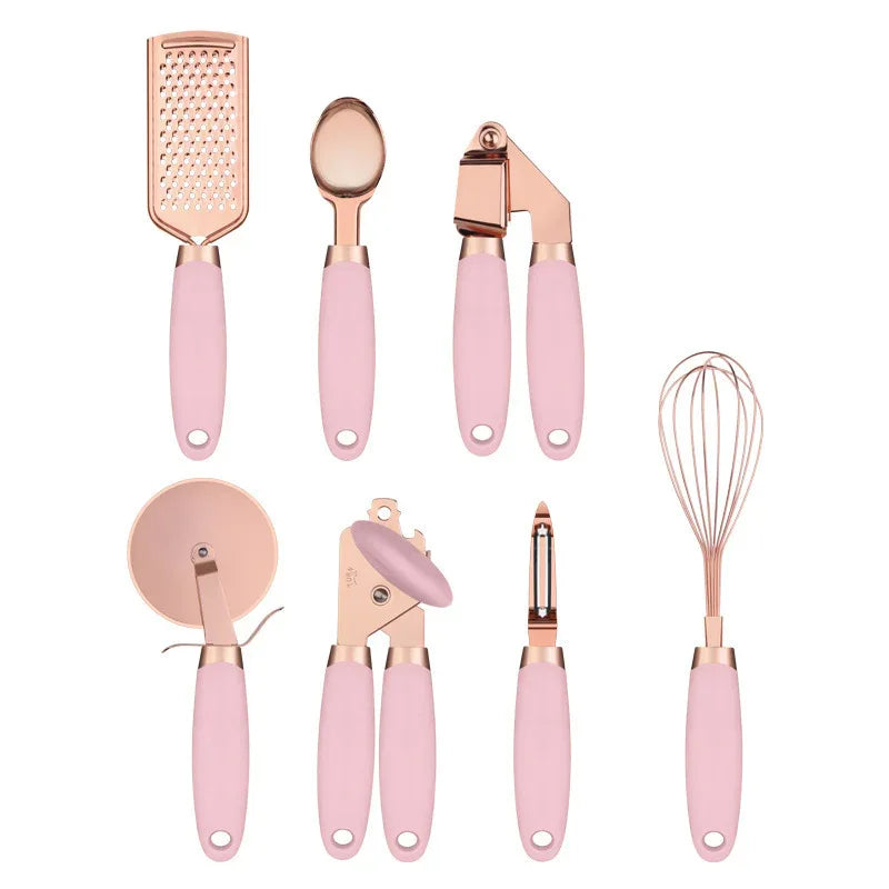 Pink And Rose Gold 7-Piece Kitchen Gadget Set - Stainless Steel Utensils with Comfort Grip Handles - Mekamart Australia