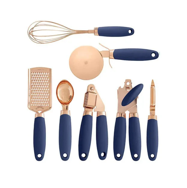 Blue And Rose Gold 7-Piece Kitchen Gadget Set - Stainless Steel Utensils with Comfort Grip Handles - Mekamart Australia