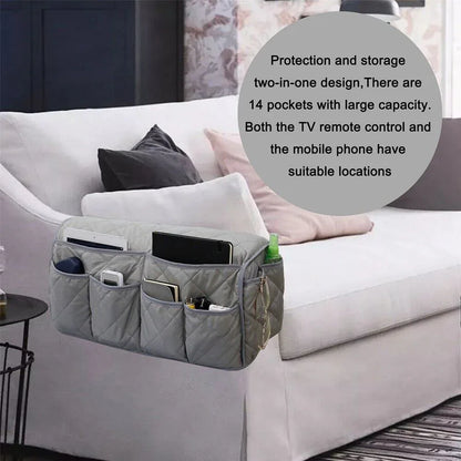 2 Pcs Grey Quilted Sofa Armrest Organizer Caddy - Multi-Pocket Remote Control Holder Bag - Mekamart Australia