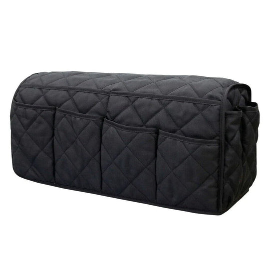 2 Pcs Black Quilted Sofa Armrest Organizer Caddy - Multi-Pocket Remote Control Holder Bag - Mekamart Australia