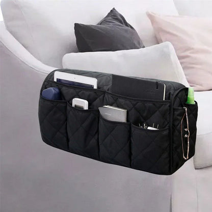 2 Pcs Black Quilted Sofa Armrest Organizer Caddy - Multi-Pocket Remote Control Holder Bag - Mekamart Australia