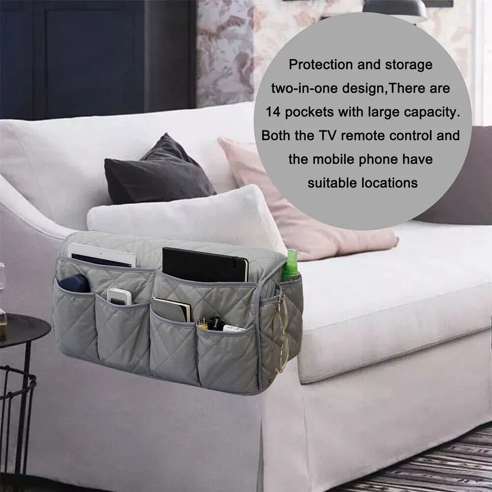 2 Pcs Blue Quilted Sofa Armrest Organizer Caddy - Multi-Pocket Remote Control Holder Bag - Mekamart Australia