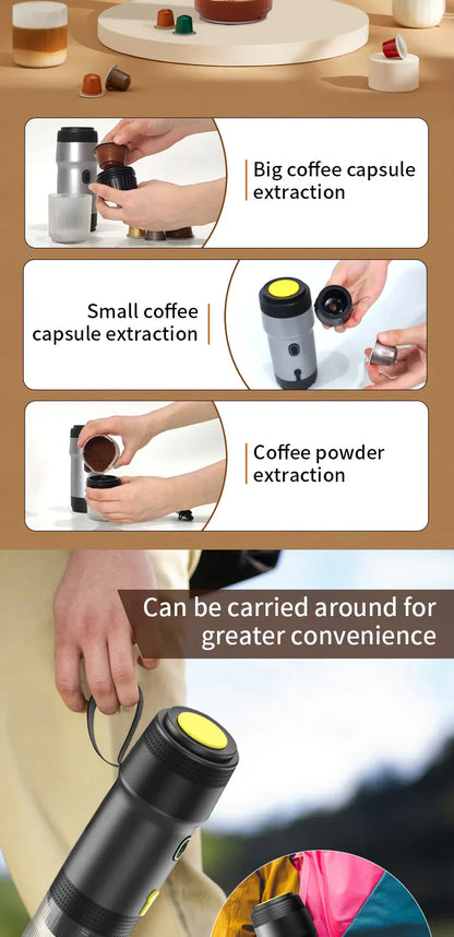 White 3-in-1 Portable Electric Espresso Maker - Rechargeable Travel Coffee Machine for Capsules & Ground Coffee - Mekamart Australia