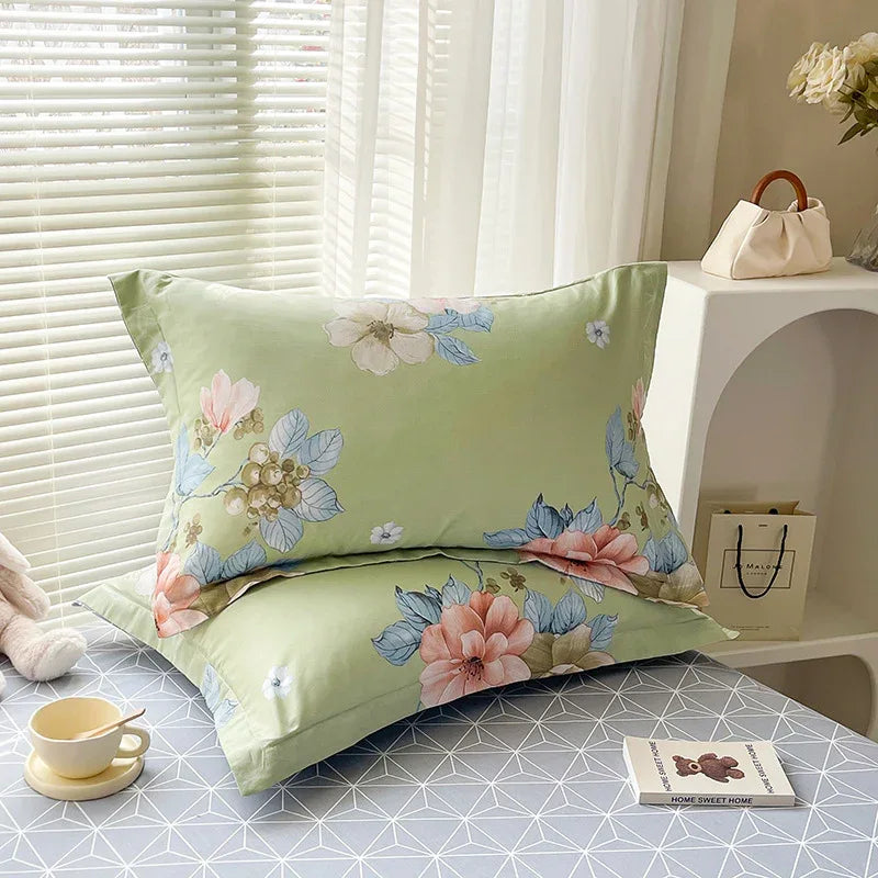 Seiya's Flower - Green 100% Cotton Pillowcase Set (Pack of 2) - Breathable Standard Size 48x74cm Pure Cotton Pillow Covers - Mekamart Australia
