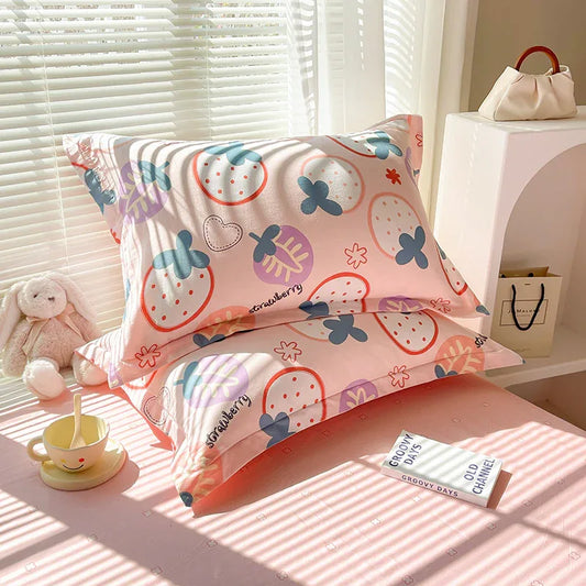Strawberry Pattern 100% Cotton Pillowcase Set (Pack of 2) - Breathable Standard Size 48x74cm Pure Cotton Pillow Covers - Mekamart Australia