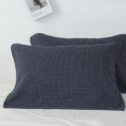 Dark Blue Breathable 4-Layer Cotton Gauze Pillow Towel Pair - Japanese Style Grid (52x75cm) - Mekamart Australia