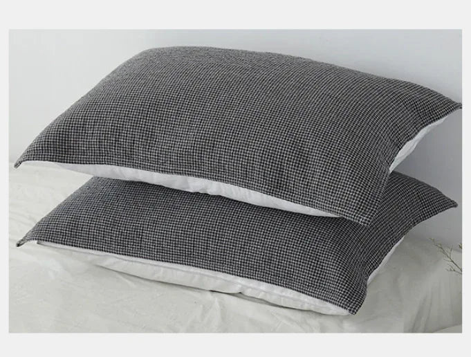 Dark Blue Breathable 4-Layer Cotton Gauze Pillow Towel Pair - Japanese Style Grid (52x75cm) - Mekamart Australia