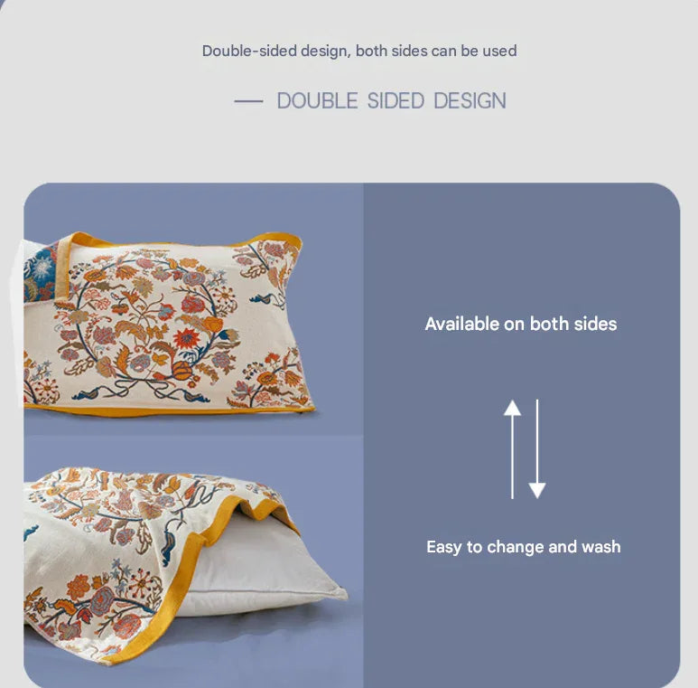Single Blue Flower Butterfly Pillow Towel Premium Cotton Gauze Pillow Towel Pair - Simple Nordic Style (52x75cm) - Mekamart Australia
