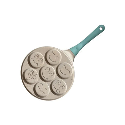 Beige Smiley + Blue Handle (Gas Model) Non-Stick Pancake Pan - 7-Hole Fun Shapes Breakfast Griddle (27cm) - Mekamart Australia