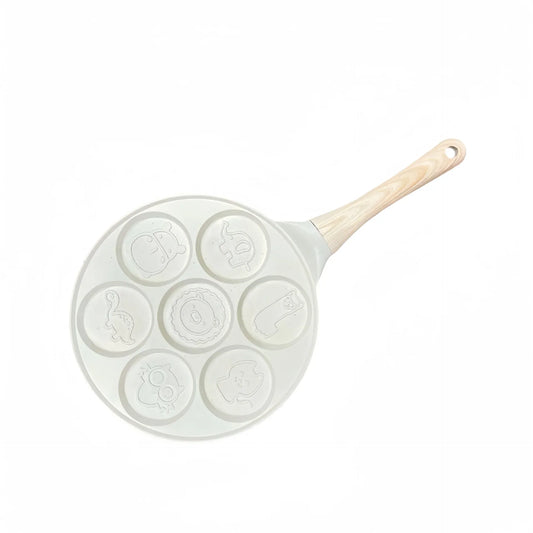 Beige Cartoon + Wood Grain Handle (Gas Model) Non-Stick Pancake Pan - 7-Hole Fun Shapes Breakfast Griddle (27cm) - Mekamart Australia