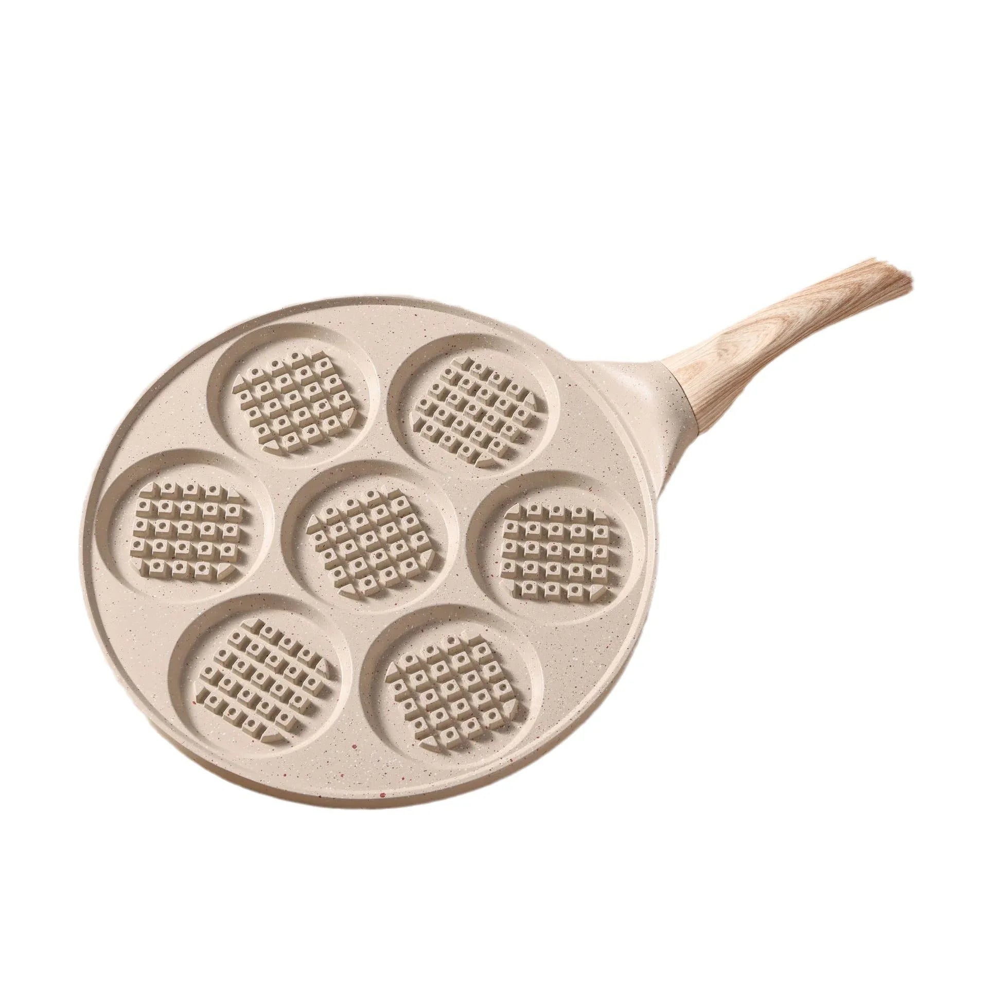 Beige Waffle + Wood Grain Handle (Gas Model) Non-Stick Pancake Pan - 7-Hole Fun Shapes Breakfast Griddle (27cm) - Mekamart Australia