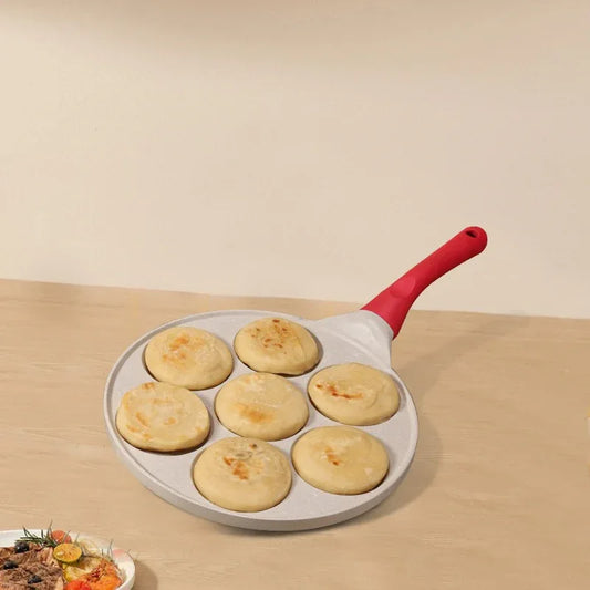 Beige Waffle + Wood Grain Handle (Gas Model) Non-Stick Pancake Pan - 7-Hole Fun Shapes Breakfast Griddle (27cm) - Mekamart Australia