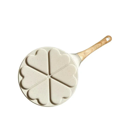 Beige Heart + Wood Grain Handle (Gas Model) Non-Stick Pancake Pan - 7-Hole Fun Shapes Breakfast Griddle (27cm) - Mekamart Australia