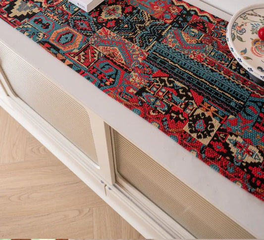 Jacquard Blue Water Plant 33-180cm Elegant Geometric Jacquard Table Runner with Tassels - Modern Dining & Coffee Table Decor - Mekamart Australia