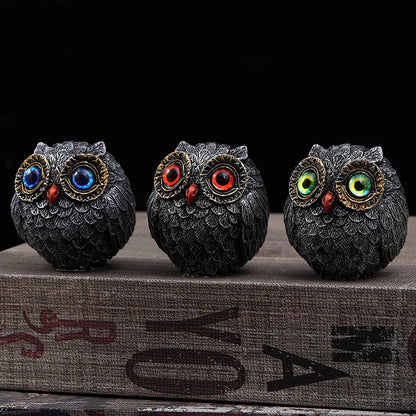 Set of Three Groups of Three Colors Small Decorative Resin Owl Figurine - Textured Statue with Blue Eyes(Blue, Green, Red) - Mekamart Australia