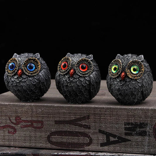 Set of Three Groups of Three Colors Small Decorative Resin Owl Figurine - Textured Statue with Blue Eyes(Blue, Green, Red) - Mekamart Australia