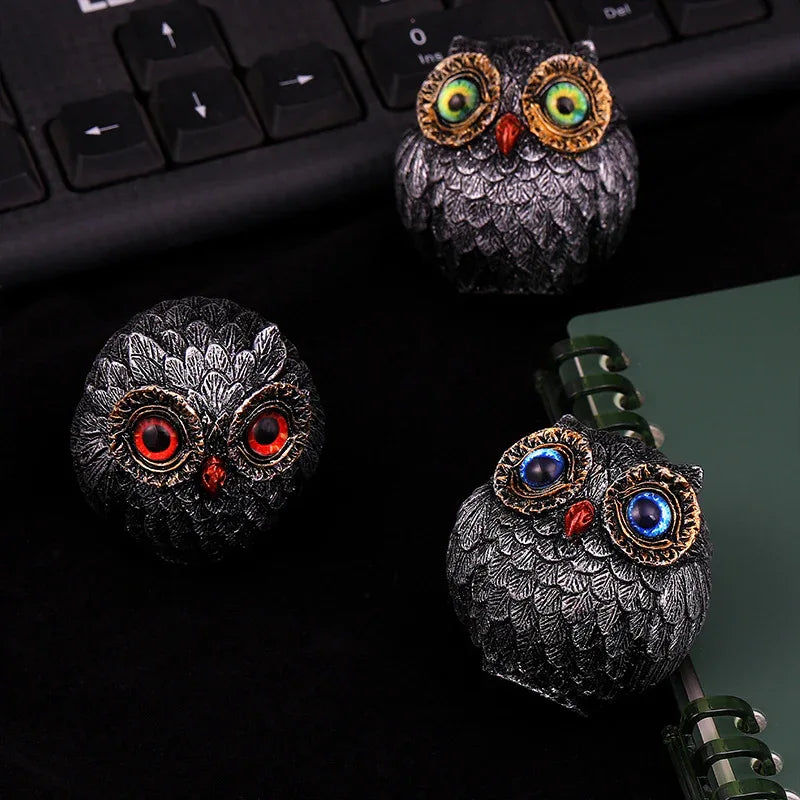Set of Three Groups of Three Colors Small Decorative Resin Owl Figurine - Textured Statue with Blue Eyes(Blue, Green, Red) - Mekamart Australia
