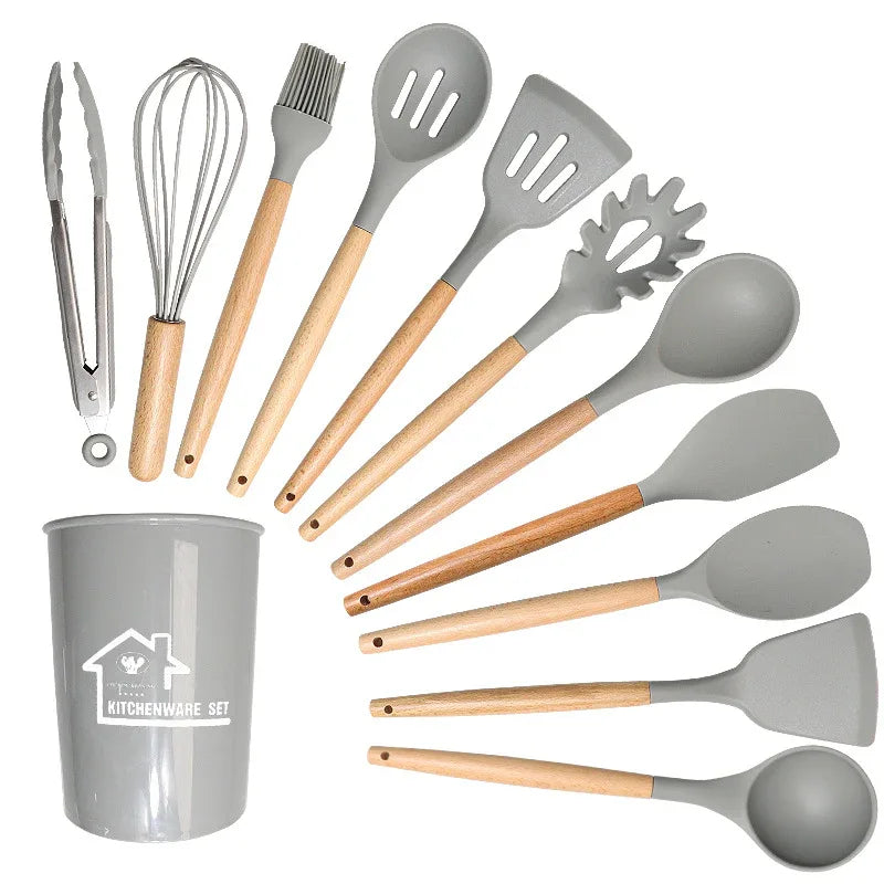 Light Grey 11-Piece Silicone Kitchen Utensil Set with Wooden Handles and Storage Bucket - Heat Resistant and Non-Stick - Mekamart Australia