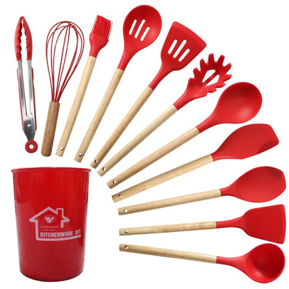 Red 11-Piece Silicone Kitchen Utensil Set with Wooden Handles and Storage Bucket - Heat Resistant and Non-Stick - Mekamart Australia