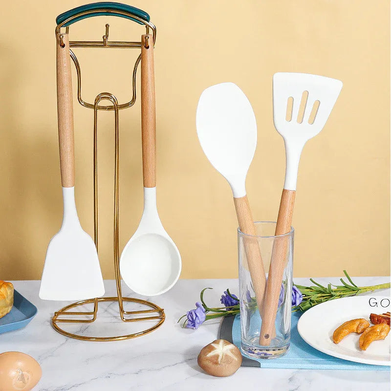 Red 11-Piece Silicone Kitchen Utensil Set with Wooden Handles and Storage Bucket - Heat Resistant and Non-Stick - Mekamart Australia