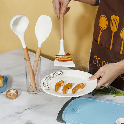 Red 11-Piece Silicone Kitchen Utensil Set with Wooden Handles and Storage Bucket - Heat Resistant and Non-Stick - Mekamart Australia